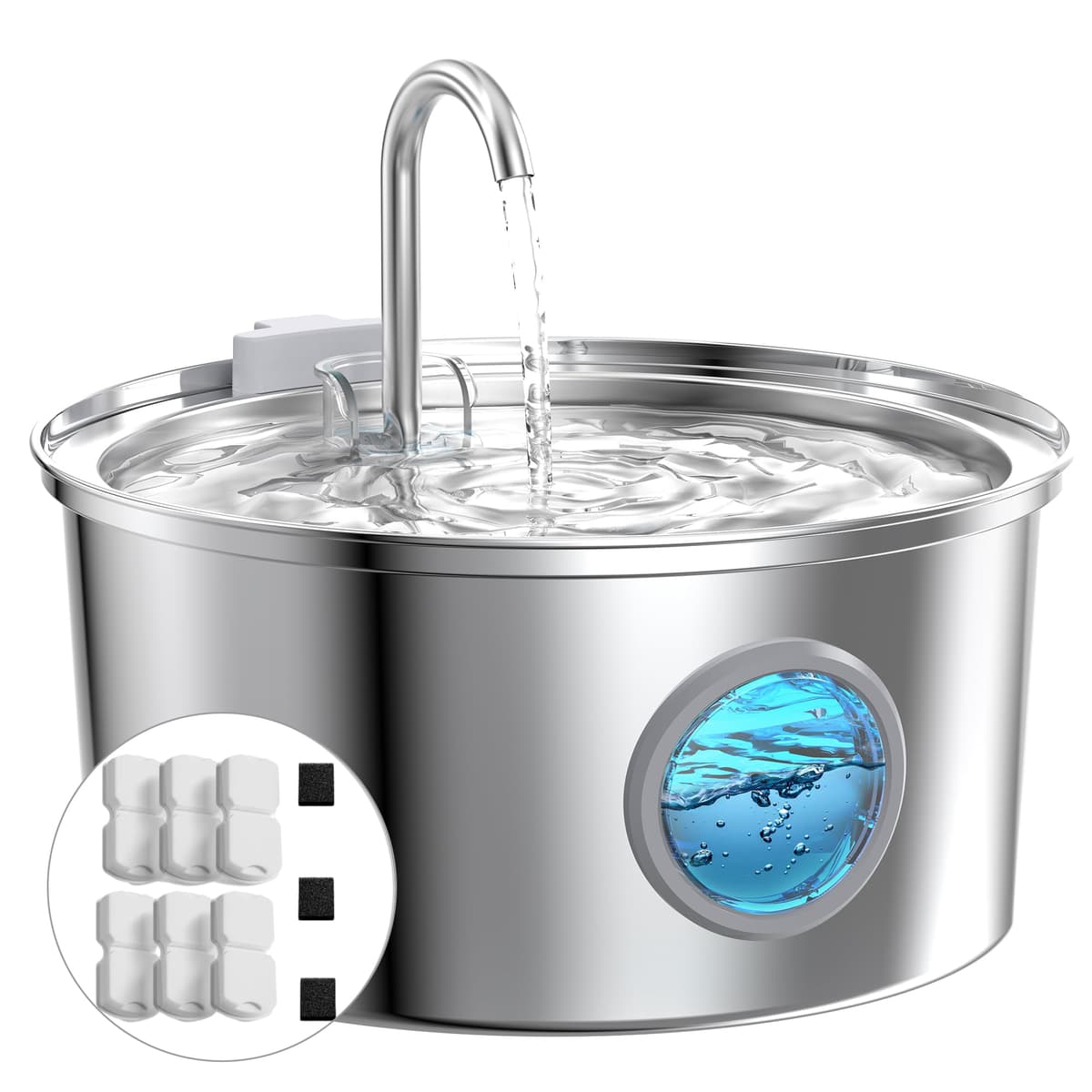 Fuente para Gatos Acero Inoxidable: Bebedero Gatos Automatico - 2.2L Fuente Gato Silencioso - Fuentes de Agua para Gato con 1 Filtro + 1 Esponja - Dispensador Agua Perros con Ventana Panorámica — view 13