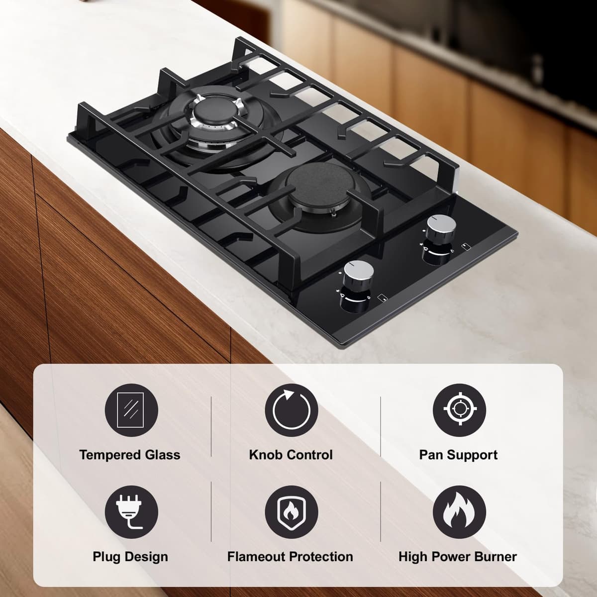 TopStrong Gas Hob 2 burners, 30cm Built in 2 Burners Gas on Glass Hob, NG/LPG Convertible, Flame Out Protection, Cast Iron Supports, 5200W — view 2
