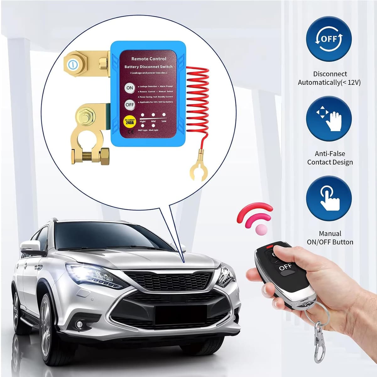 AULESSE Car Battery Disconnector, 12V 240A Short Current Car Battery, Remote Battery Disconnect Switch with 2 Remote Control, — view 2