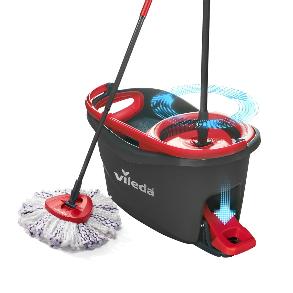 Vileda Turbo 3en1 - Sistema de fregado de Suelos con escurridor Giratorio y Cubo con Pedal | Palo telescópico 85-123 cm | Recambio de Microfibra 3 en 1 | Recambio sostenible | Color Gris y Rojo