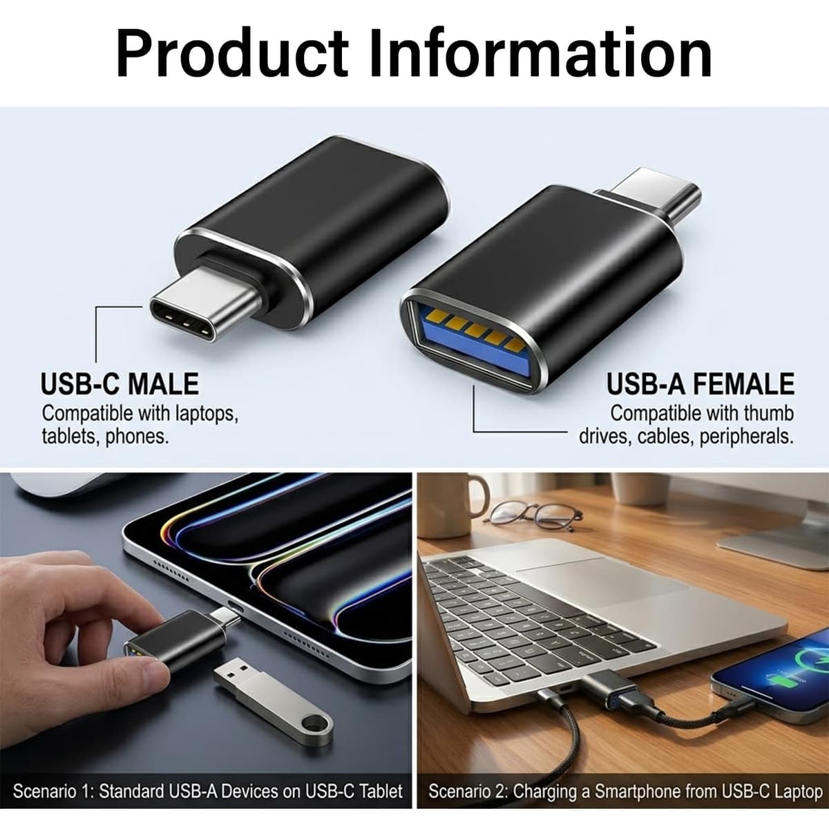3 Pcs USB to USB C Adapter,Aluminum OTG Converter USB-C to USB Female Adaptor ,USB A 3.0 Female to USB-C Male Compatible with Type-C Phones and Tablets,MacBook Pro, Other USB Type-C Devices(Black) — view 3