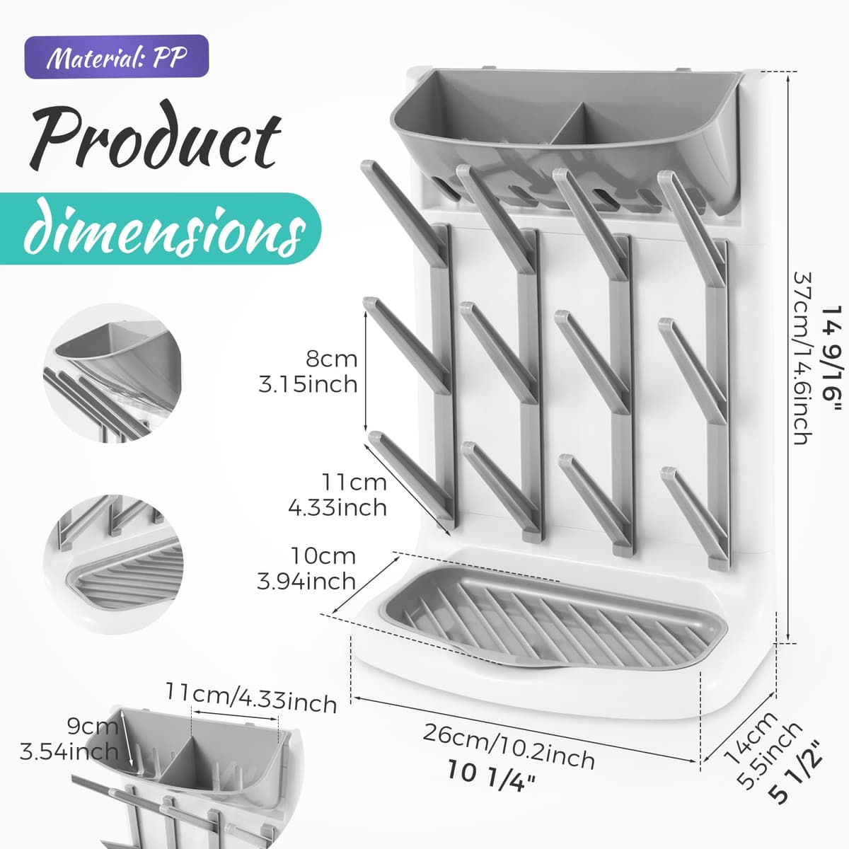 shaojian Baby Bottle Drying Rack with 12 Hooks Space Saving Vertical Bottle Dryer Rack Holder with Detachable Bottom Drip Tray for Kitchen Countertop Storage Accessories(grey) — view 2