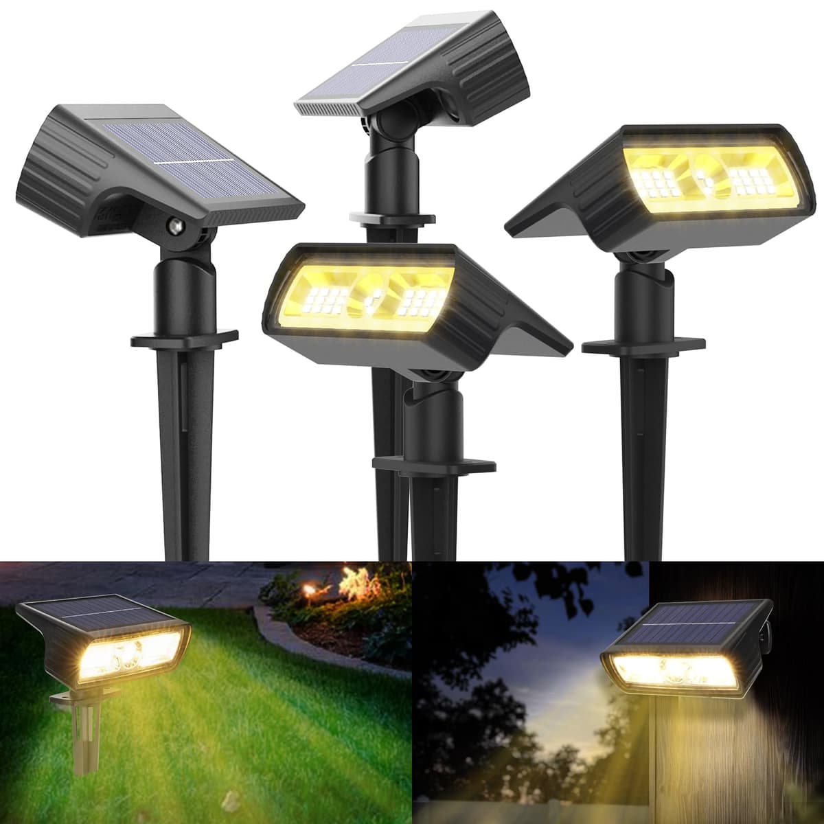 Moxled Solar Lights Outdoor Garden, 3000K Warm White Solar Spot Lights 4 Pack, IP65 Waterproof, 2 Brightness Modes Stake Lights Solar Powered for Yard, Walkway, Driveway, Pathway