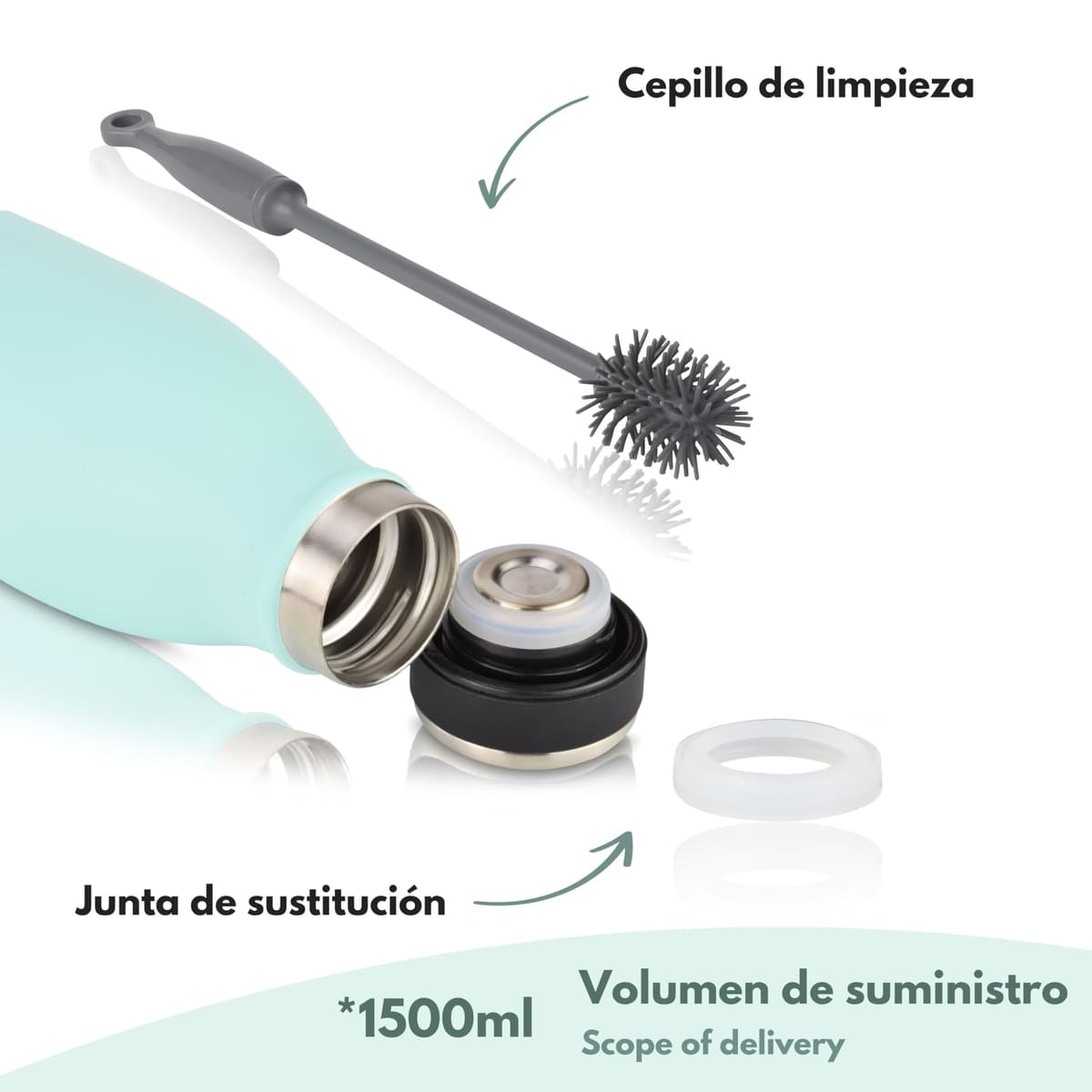 Milu Botella de acero inoxidable de 350ml 500ml 750 ml 1 L 1,5 L botella de agua aislada, termo a prueba de fugas, doble pared, apta para ácido carbónico + cepillo de limpieza (Azul Violeta, 350ml) — view 196