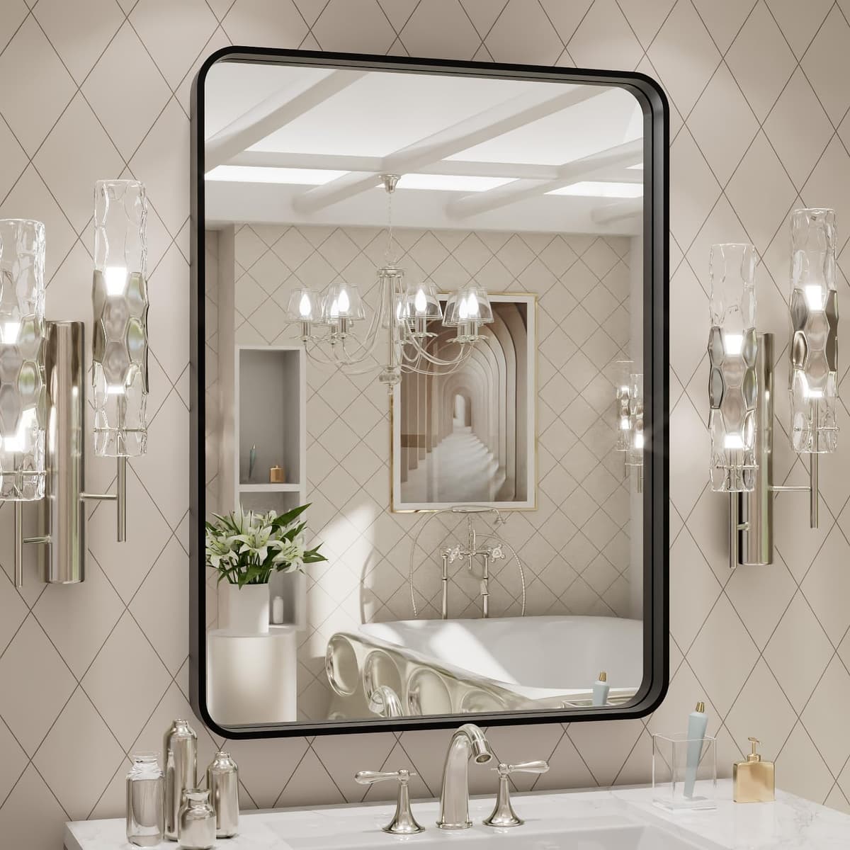 LOAAO 48”X36” Gold Bathroom Mirror, Rounded Rectangle Gold Frame Mirror, Brushed Gold Bathroom Vanity Mirror Wall-Mounted, Anti-Rust, Tempered Glass, Hangs Horizontally or Vertically — view 28