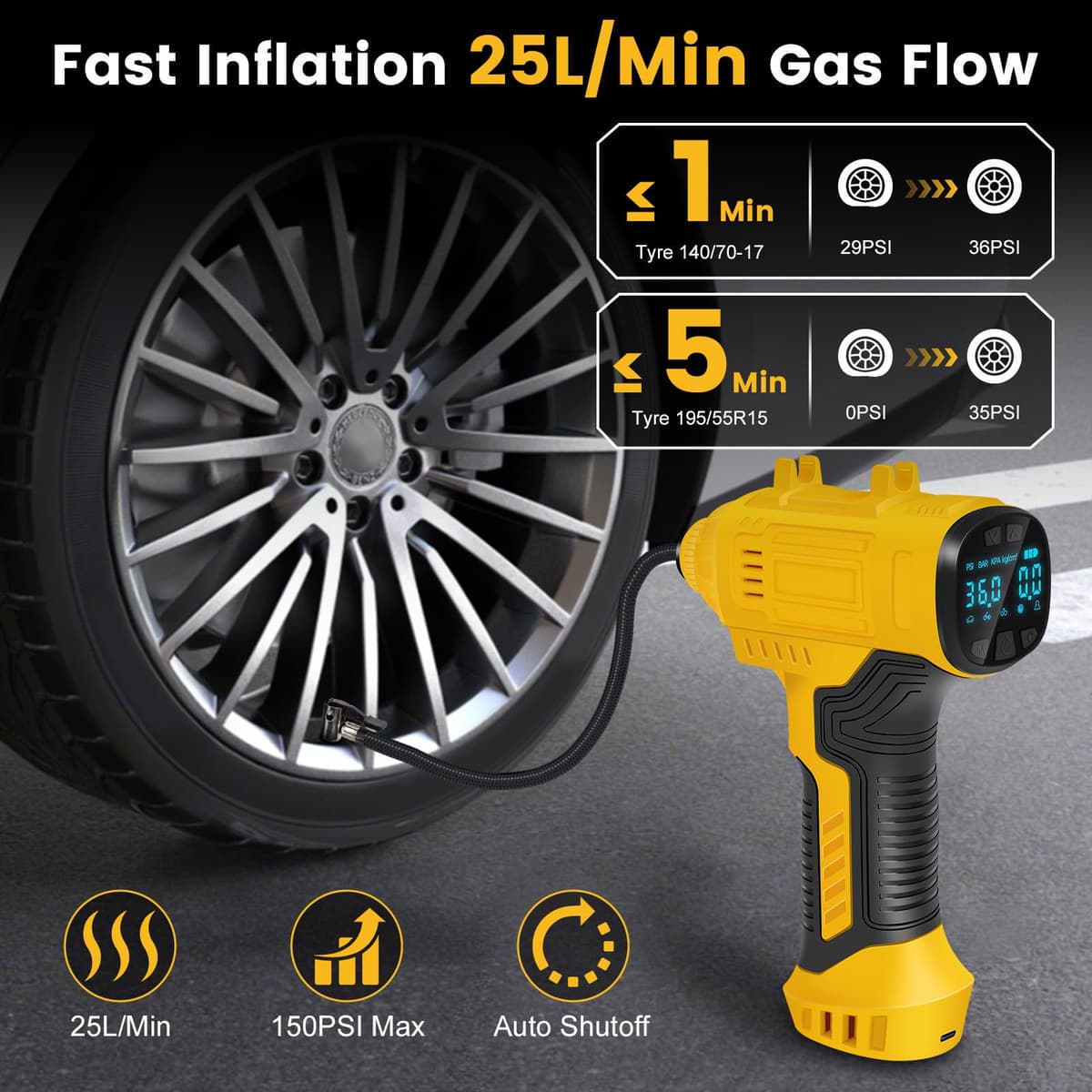 Cordless Tyre Inflator Air Compressor, 25L/min Hand Held Digital Tyre Pump with Pressure Gauge, Rechargeable Battery, Portable Car Accessories with LED Light Electric Pump for Car/Bike/Motorcycle/Ball — view 2