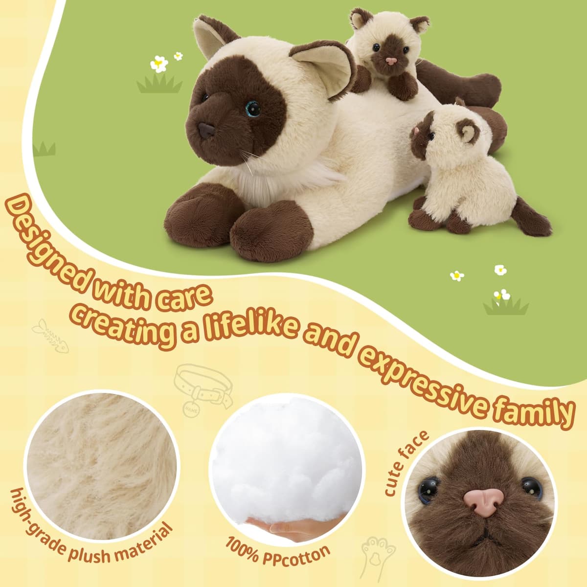 MorisMos Big Siamese Cat Teddy Soft Toy, 48cm Mom Cat with 4 Cuddly Baby Inside, Lifelike Siamese Cat Stuffed Animal Plush Cuddly, Kawaii Presents for Kids Birthday Party Decorations — view 4