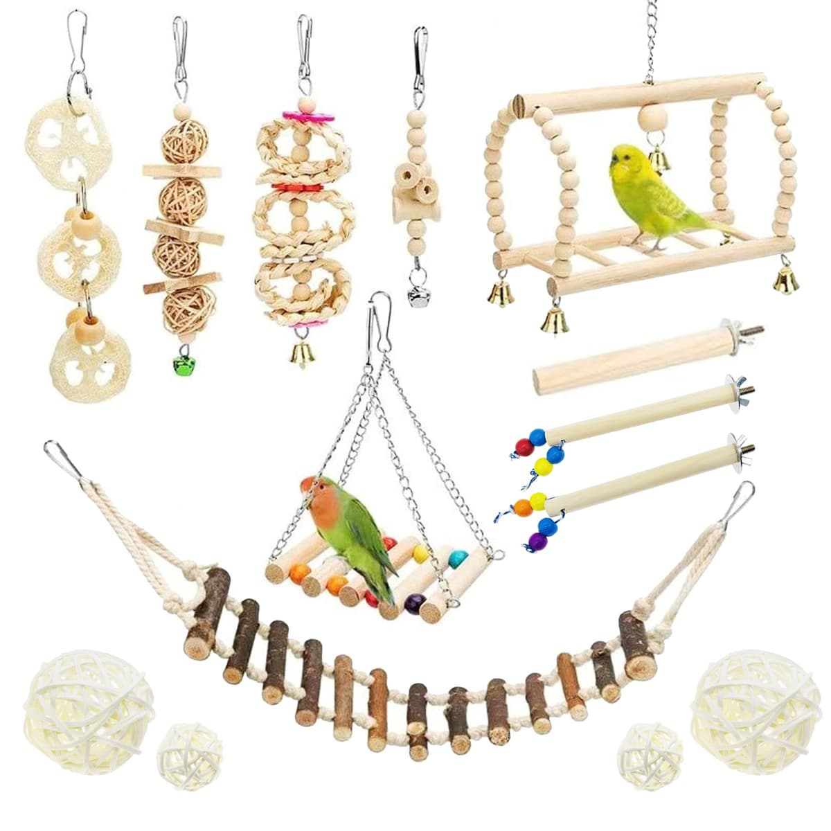 Allazone 14 Pz Juguetes para Pájaros, Escalera de Madera, Pájaros Juguetes con Campanas Que Cuelga la Perca Juguete para Pequeños y Medianos Loros de Aves