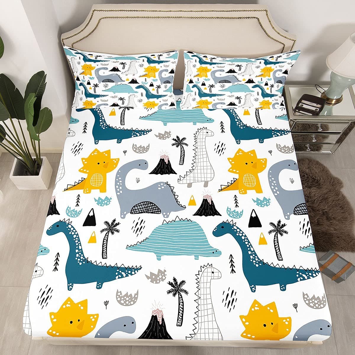 Juego de sábanas de Dinosaurio con Estampado de Dinosaurios de Dibujos Animados para niños y niñas, Juego de Ropa de Cama de Animales de Dibujos Animados Lindo decoración de Dinosaurio, sábana Bajera