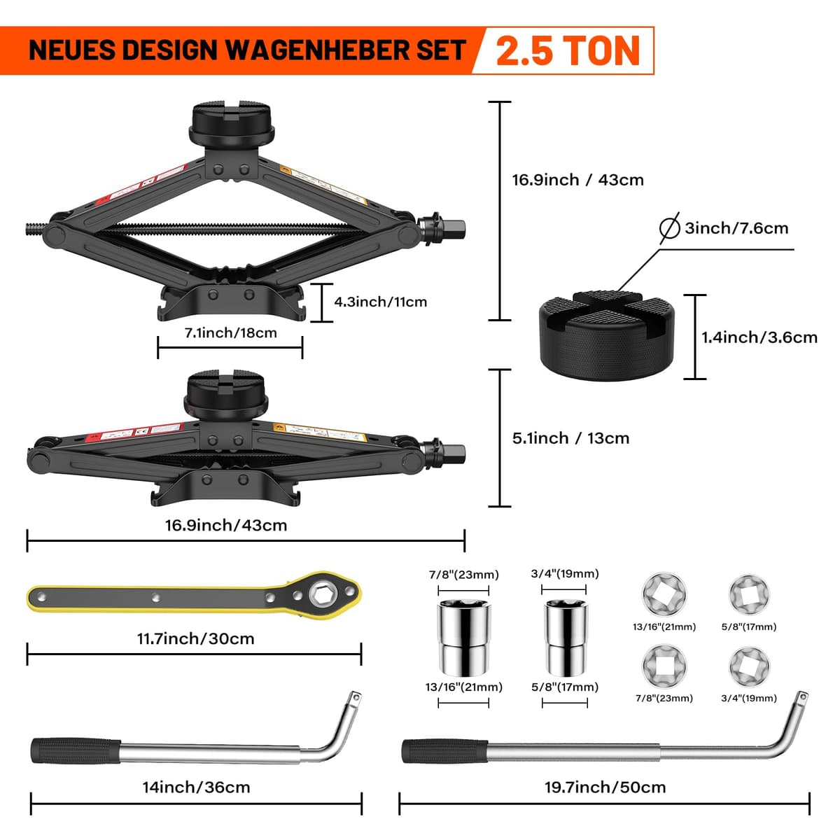 IMAYCC Nuevo Gato para Coche 2.5T/2500kg, Kit de Gato Coche con 2 Piezas Bloque De Goma Universal, Portátil Kit de Emergencia con Llave de Tuercas de Rueda. — view 2