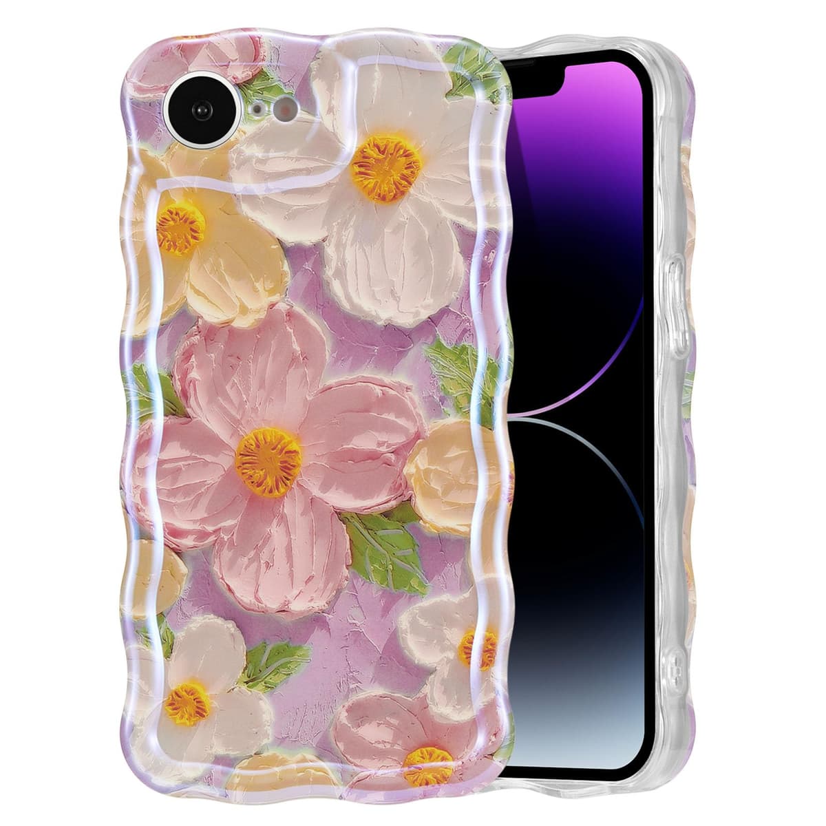 EYZUTAK Case for iPhone 16, Colorful Retro Oil Painting Printed Flower Laser Glossy Pattern Cute Curly Wave Edge Exquisite Phone Cover Stylish Durable TPU Protective Case for Girl Women-Green — view 28