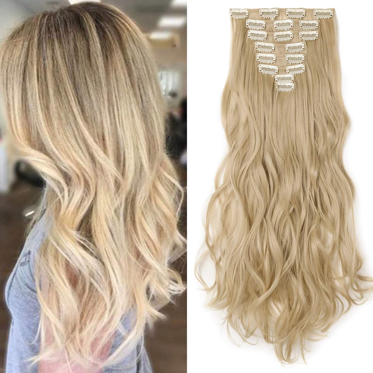 24"(60cm) SEGO Extensiones de Cabello Clip de Pelo Sintético Se Ve Natural 8 PCS [Sandy Rubio mezcla Blanqueador Rubio] Rizado Ondulado Largo Postizos Pelucas (140g) — view 11