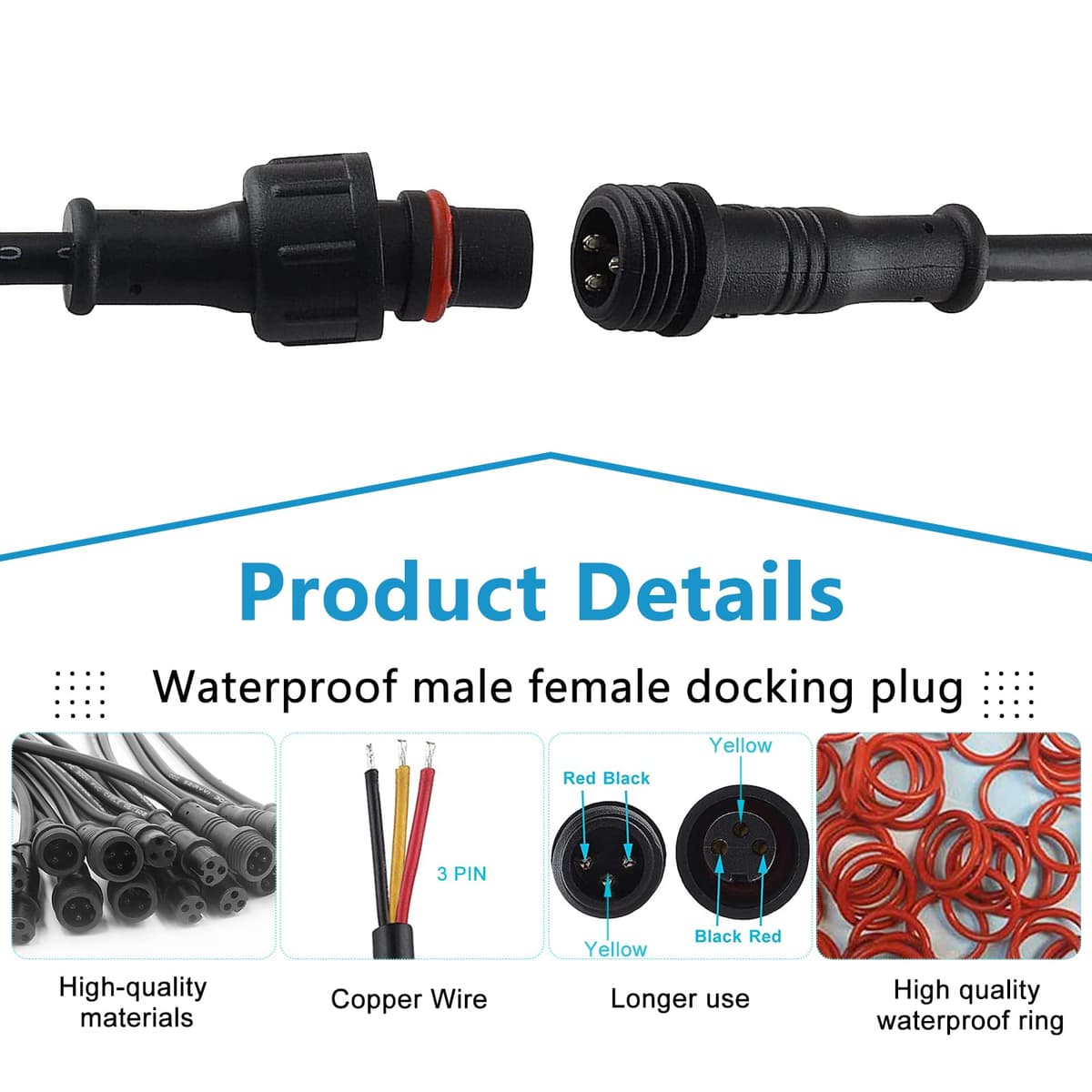 GZLFH Conectores estancos, 8 Pares de enchufes de 3 Pines, Conectores Impermeables IP65 con Cable de extensión 16AWG 20CM para focos solares, lámparas de jardín, Tiras de luz LED — view 2