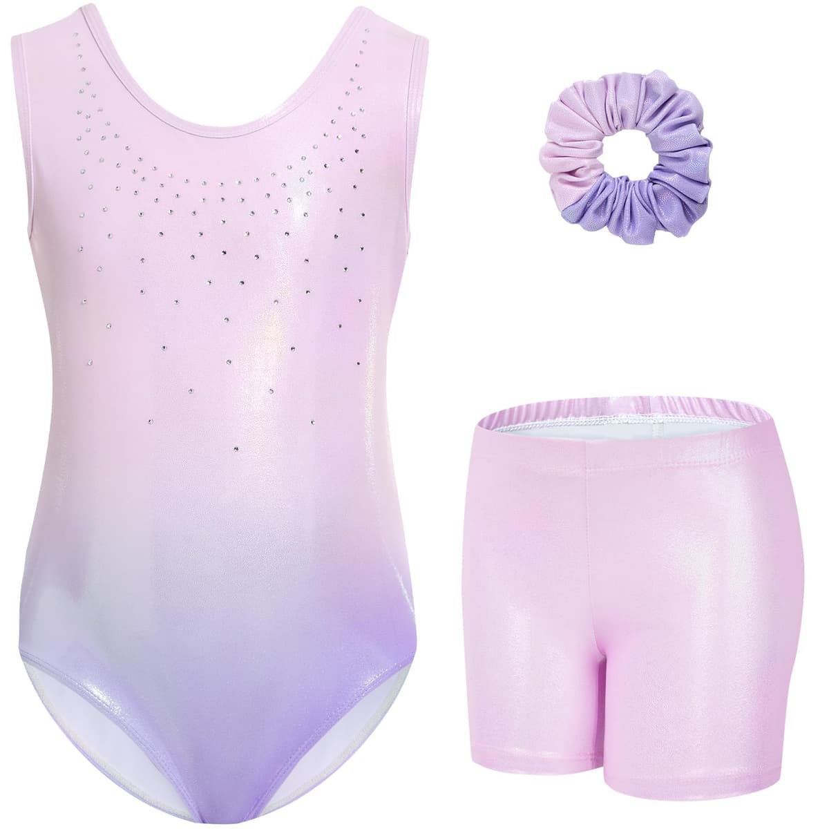 Gogokids Conjunto de gimnasia de tres piezas para niña, cuello en Y, sin mangas, con pantalones cortos y diadema, traje de gimnasia con diseño de bloques de color azul y morado, 3-12 años — view 24