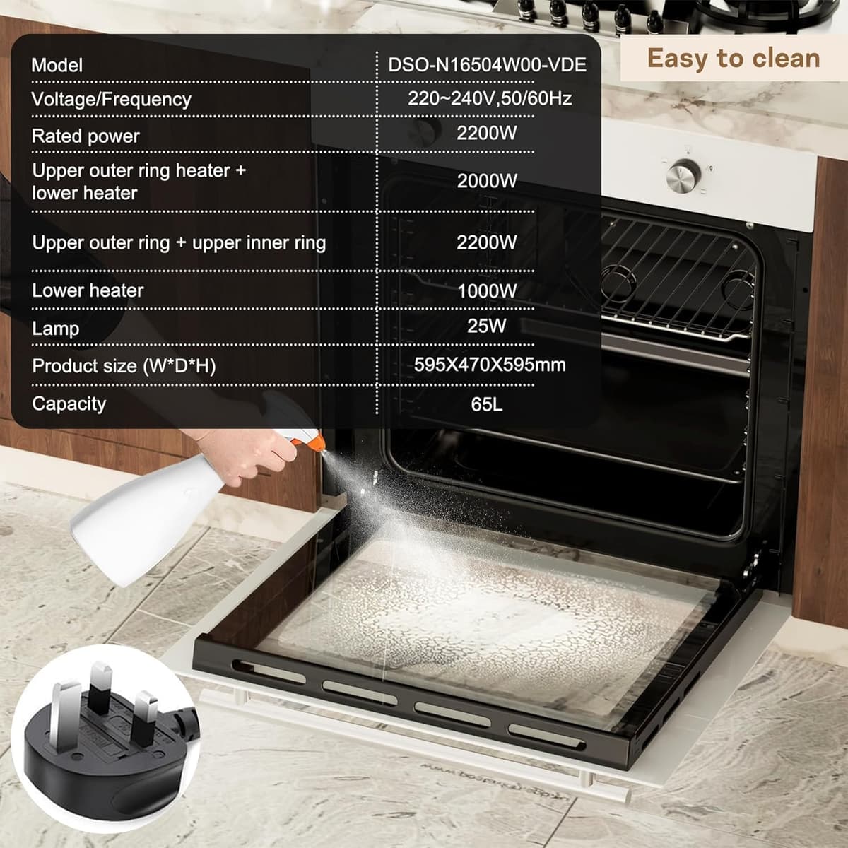 65L Electric Oven, Built in Oven 60cm Wide - 4 Heating Mode 2200W, Ideal for kitchen beginners [Energy Class A] — view 3