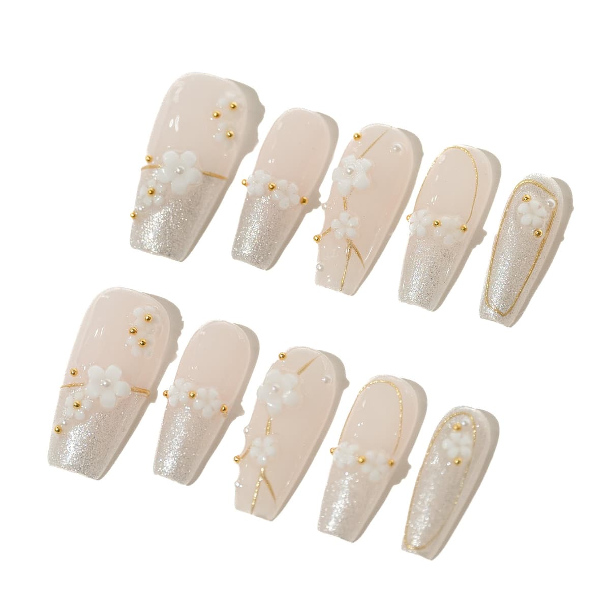 Sun&Beam Nails Handmade Press On Nail Long Coffin Ballerina Pink Flower Acrylic Fake Tip 3D Design Art Charms Cute with Storage Box 10 Pcs (S) — view 259
