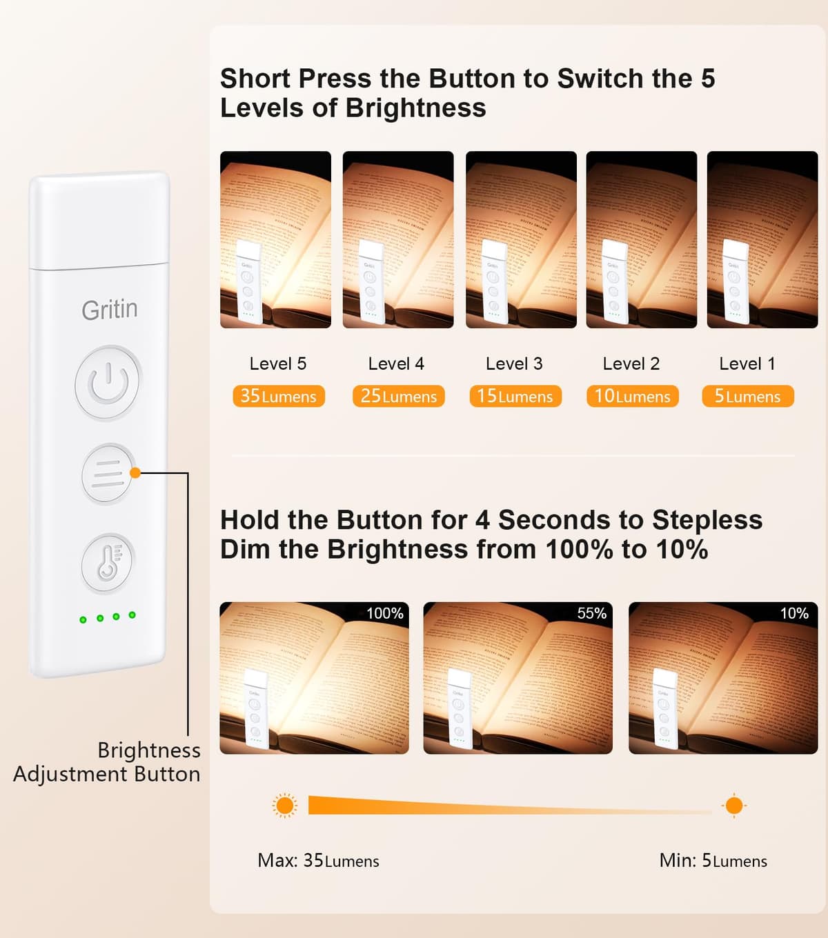 Gritin Book Light Rechargeable, Reading Light Lamp Clip on Books, 3 Eye-Protecting Modes (Mixed/White/Amber), 5 Brightness & Stepless Dimming, Long Battery Life, Flexible Reading Lamp for Readers — view 2