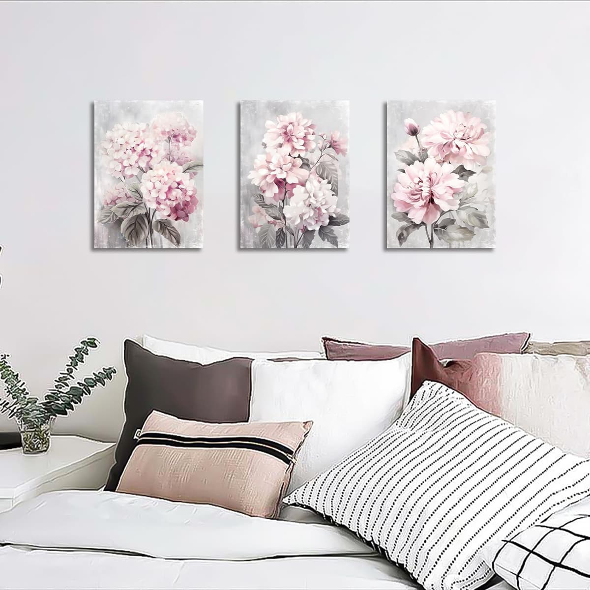 3 Pcs Wooden Framed Blush Grey Pink Canvas Wall Art Pink Hydrangeas Peonies Floral Blossom Canvas Painting Pictures for Living Room Bedroom Bathroom Hallway Home Wall Decoration 90x40cm(12"x16"x3pcs) — view 3