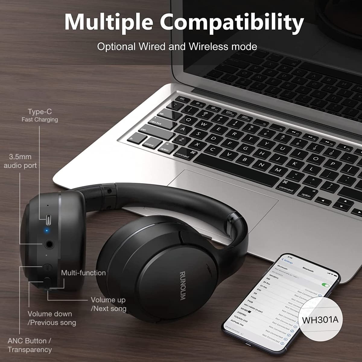 RUNOLIM Hybrid Active Noise Cancelling Headphones, Wireless Over Ear Bluetooth Headphones with Microphone, 70H Playtime, Foldable Wireless Headphones with HiFi Audio, Deep Bass for Home Travel Office — view 8