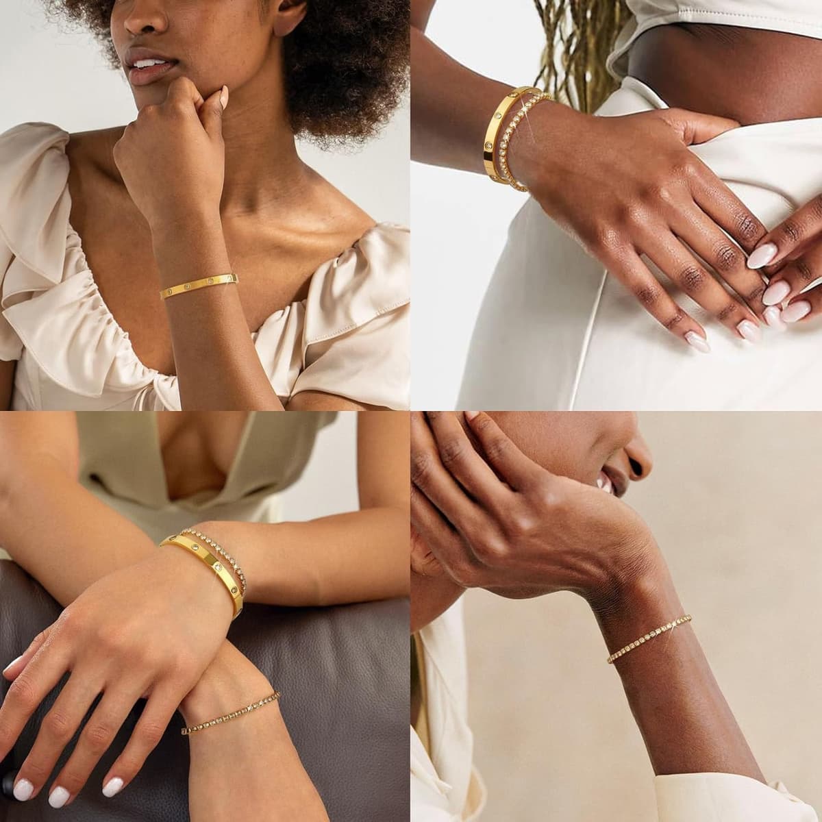 NEKVFO 18K Gold Plated Love Bracelet Set, Zircon Adjustable Bracelet Horseshoe Buckle Cable Bracelet, 3-Piece Women's Stackable Gold Bracelet Jewelry Set — view 4