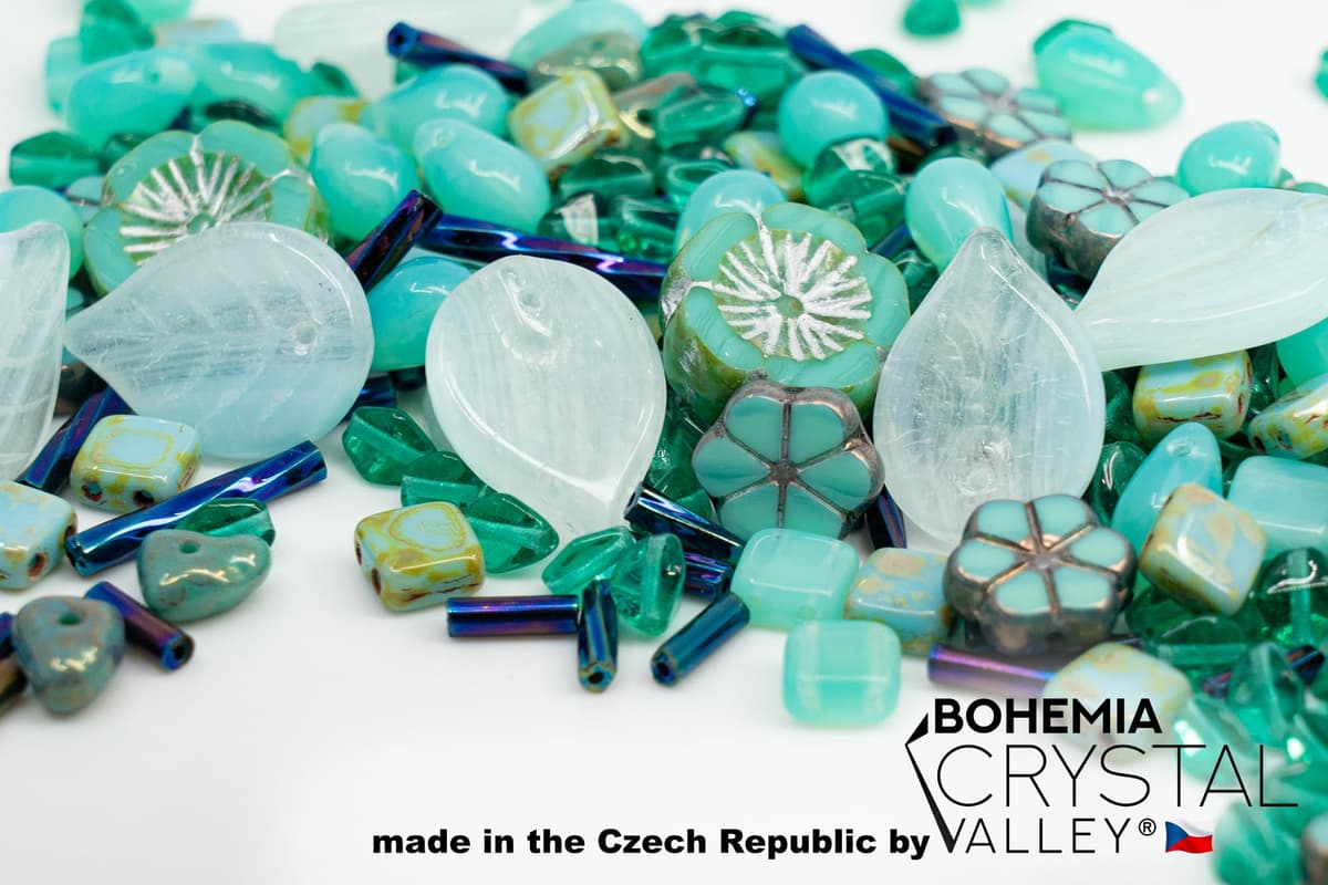 60 g Mix of Unique Czech Bohemia Glass Pressed Beads, Rocailles, Opaque Turquoise Green Copper Crystal Silver, Matte and Glossy, Hand Made BCV — view 4