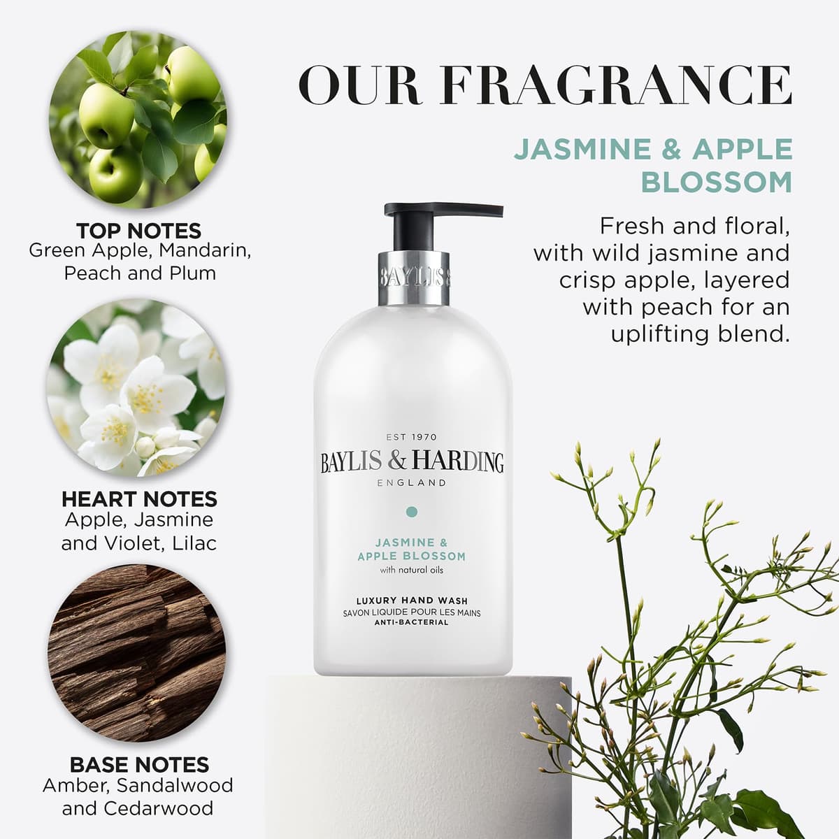 Baylis & Harding Jasmine and Apple Blossom Anti-Bacterial Hand Wash, 500 ml (Pack of 3) - Vegan Friendly — view 3