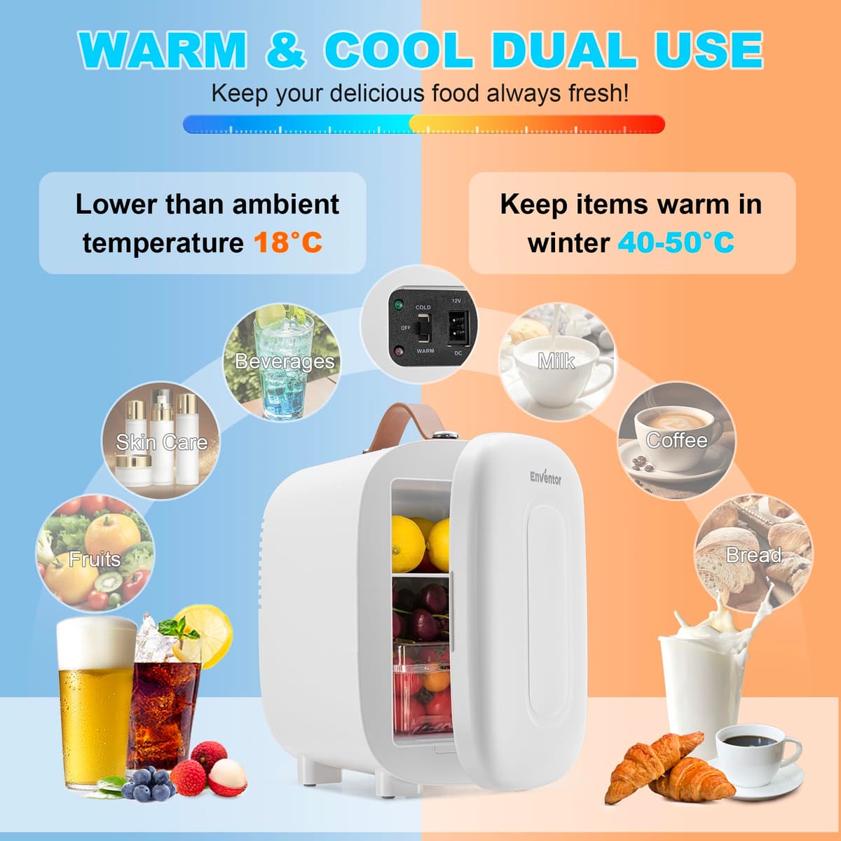 Enventor Mini Fridge 4 Litre/ 6 Can, AC+12V DC Power, Portable Cooler & Warmer, Small Fridge for Bedrooms, Car, Skincare, Fruit and Drinks, White — view 2