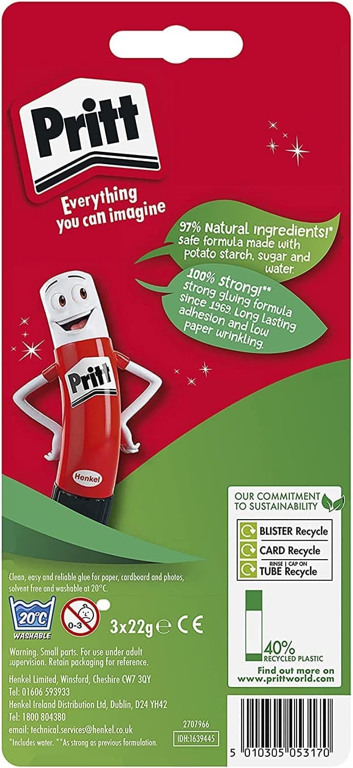 Pritt Glue Stick, Safe & Child-Friendly Craft Glue for Arts & Crafts Activities, Strong-Hold adhesive for School & Office Supplies, 22 g (Pack of 3) — view 2