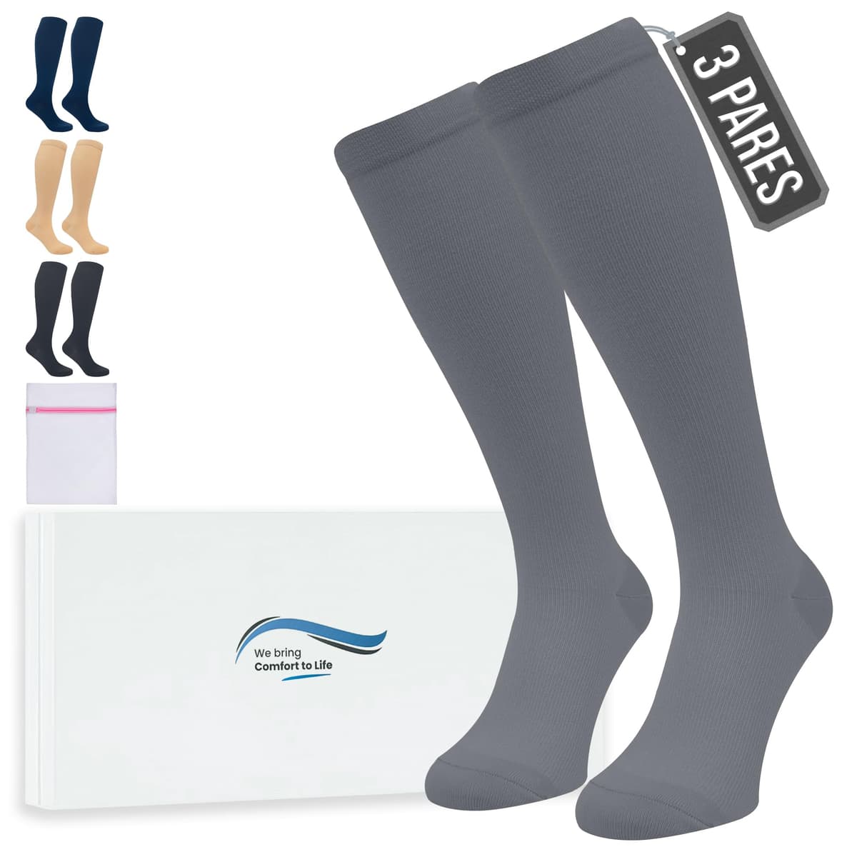 360 Relief Medias de Compresión Mujer y Hombre - 1 Par Calcetines de Compresión para Deportes, Correr, Volar, Viaje, Trabajo, Footing - S/M Beis con Bolsa de Malla — view 59