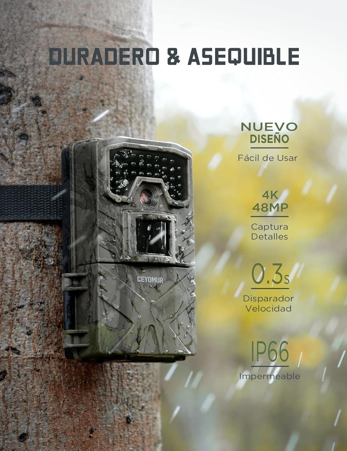 CEYOMUR Cámara de Caza 4K 30fps, 48MP Camara Fototrampeo con Visión Nocturna, Diseño de Temporizadorn, IP66 Prueba de Agua para Monitoreo de Vida Silvestre y Vigilancia del Hogar — view 2