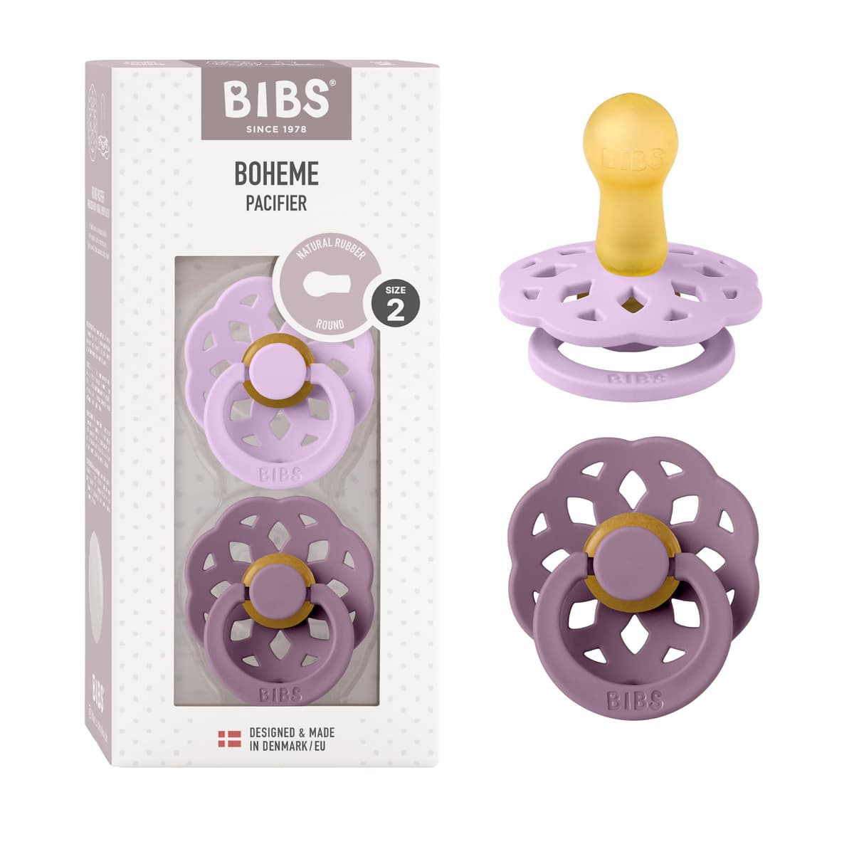 BIBS Boheme Soother 2-Pack. BPA Free. Round Nipple. Natural Rubber Latex, Made in Denmark. Size 2 (6-18 Months), Blossom/Dusky Lilac — view 21