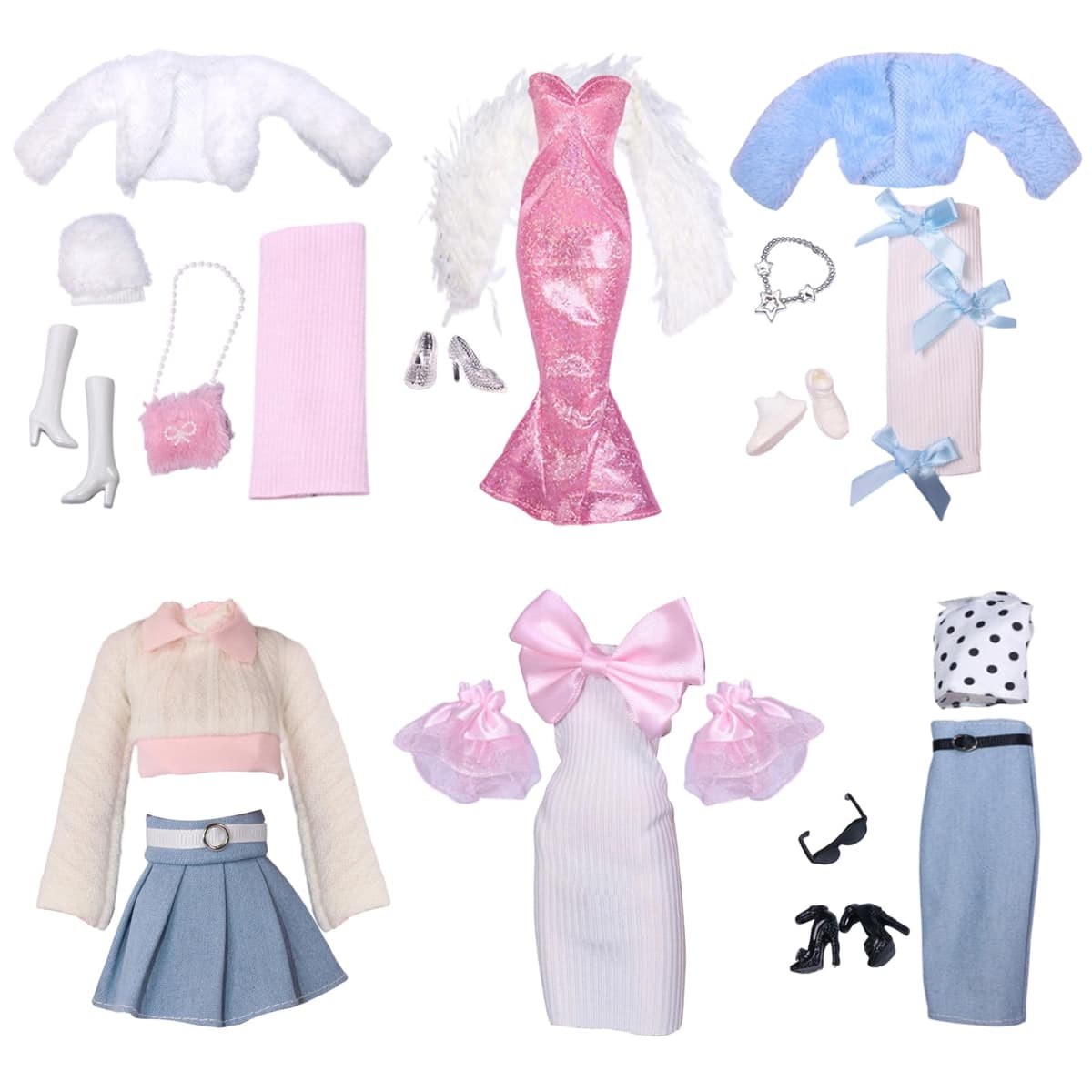 20 Pieces Clothes and Accessories, Compatible with Barbie Dolls, Fishtail Dress, Leather Skirt, Jersey Skirt, Fitted Dress and 2 Fur Dress and Coat for 11.5 Inch Doll