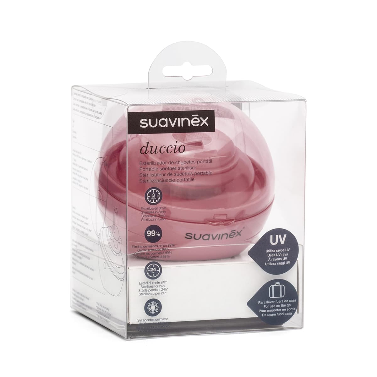 Suavinex, Esterilizador de Chupetes Portátil con Luz Ultravioleta UV, Elimina el 99% de los Gérmenes en 3 Minutos, Funciona con Pilas o USB, Seguro, Sin Agentes Químicos, Ideal Viaje, Duccio Rosa — view 2