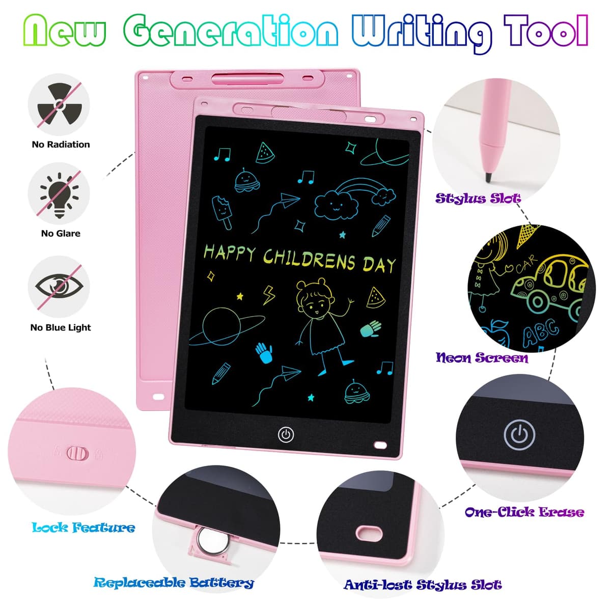 Carehabi Vistoso Pizarra Magica Infantil 12 Pulgadas Pizarra Magica Borrable y Reutilizable para Niñas y Niños 2-8 Años (Rosa+Azul) 2 Piezas — view 2