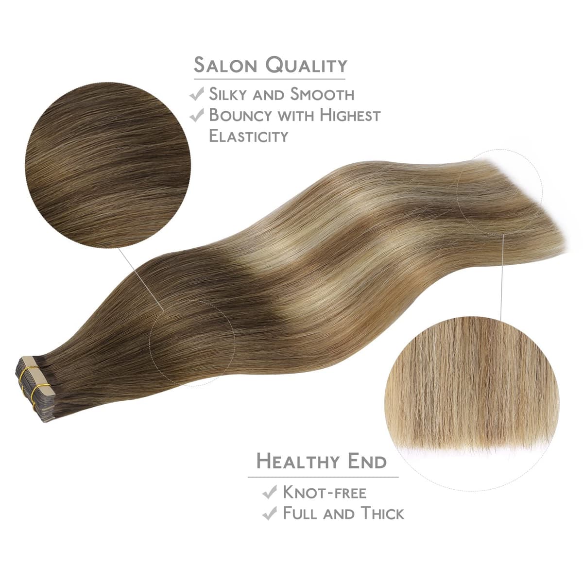 WENNALIFE Extensiones Adhesivas Pelo Natural, 50cm, 50g, 20 Piezas, Ombré Walnuss Braun bis Ash Braun und Bleach Blonde, Extensiones Pelo Remy Cabello Humano — view 4