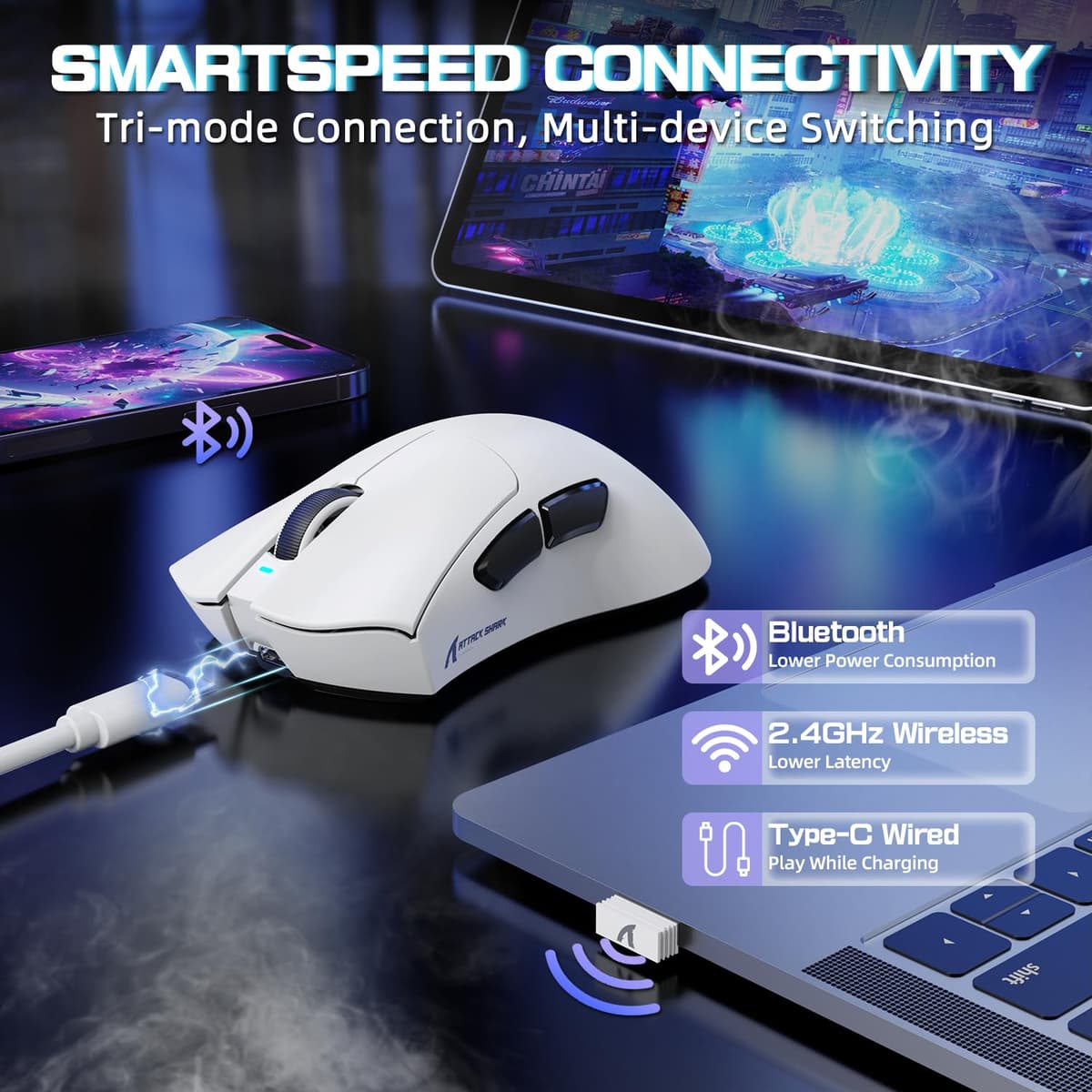 ATTACK SHARK V3PRO Ratón Gaming Inalámbrico con Base Carga Magnética, PixArt PAW3311, hasta 25000 dpi, BT/2.4GHz/Alámbrico, 100M Clics, 500mAh, 65g Ultra-Ligero para Win11/Xbox/PS/Mac - Blanco — view 6