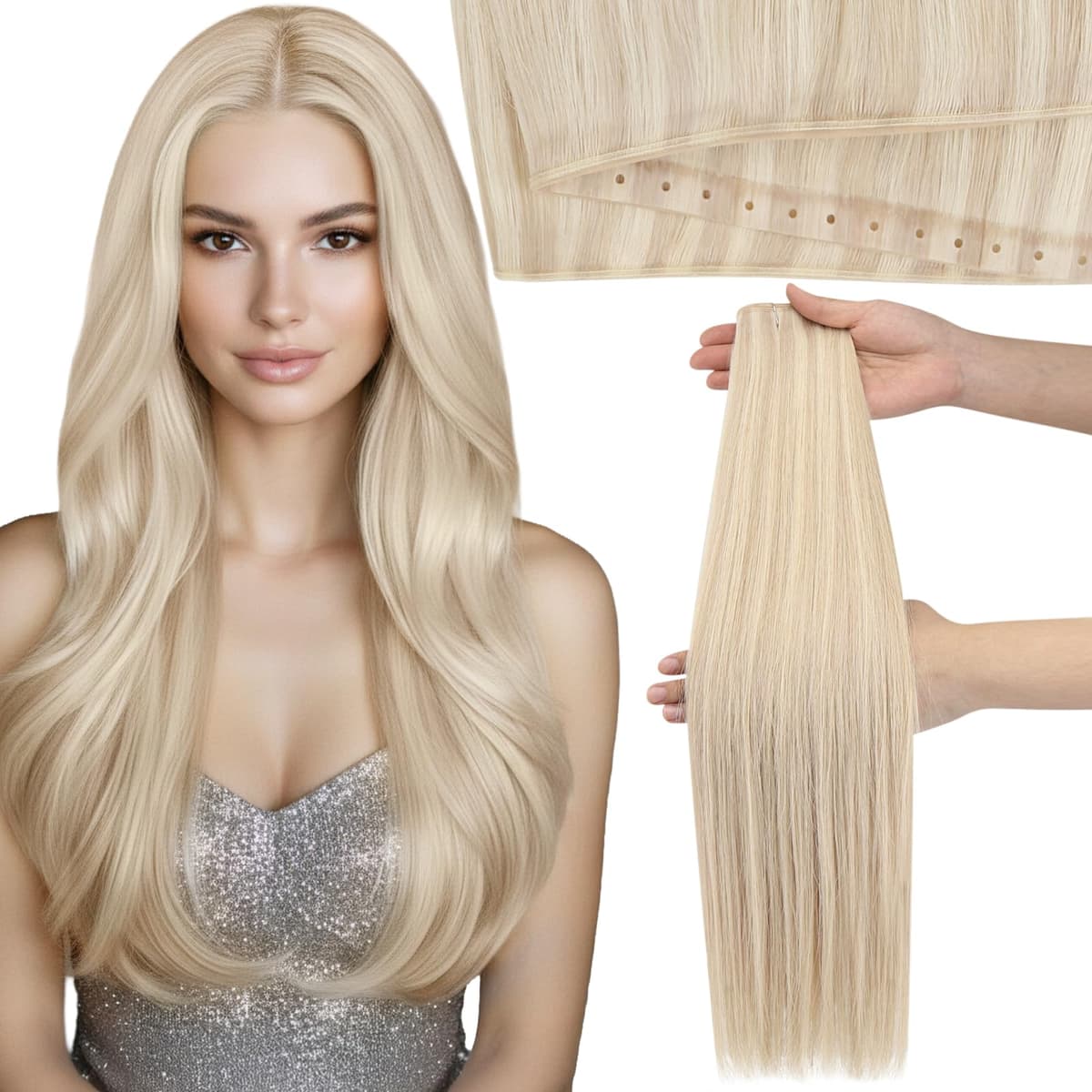 Moresoo Butterfly Weft Hair Extensions Remy Human Hair Ash Blonde Highlight Bleached Blonde 18 Inch OVO Weft Hair Extensions Human Hair Ash Blonde Highlight 100g/pack #18/613