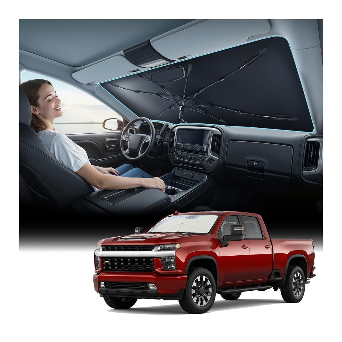 [Upgraded] Nmoiss Windshield Sun Shade Umbrella - [Vinyl Coating Heat Shield] Protect Car from Sun Rays & Heat Damage Keep Cool and Protect Interior, Spring Structure Edge Medium 56" L x 31" W — view 9