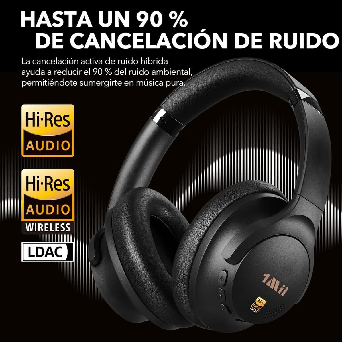 1Mii AI Y8+ Auriculares Inalámbricos Bluetooth 6.0 Cancelación de Ruido Activa Híbrida Cascos, LDAC Hi-Res Audio, 100H de Reproducción, Traducción IA, Chat de Voz, EQ con App - Negro — view 3