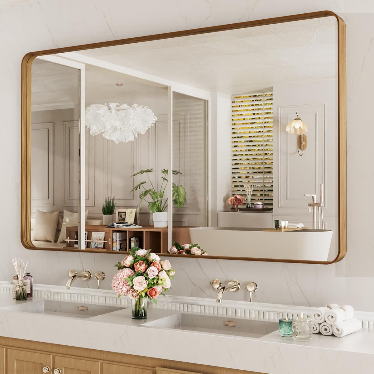 LOAAO 48”X36” Gold Bathroom Mirror, Rounded Rectangle Gold Frame Mirror, Brushed Gold Bathroom Vanity Mirror Wall-Mounted, Anti-Rust, Tempered Glass, Hangs Horizontally or Vertically — view 14