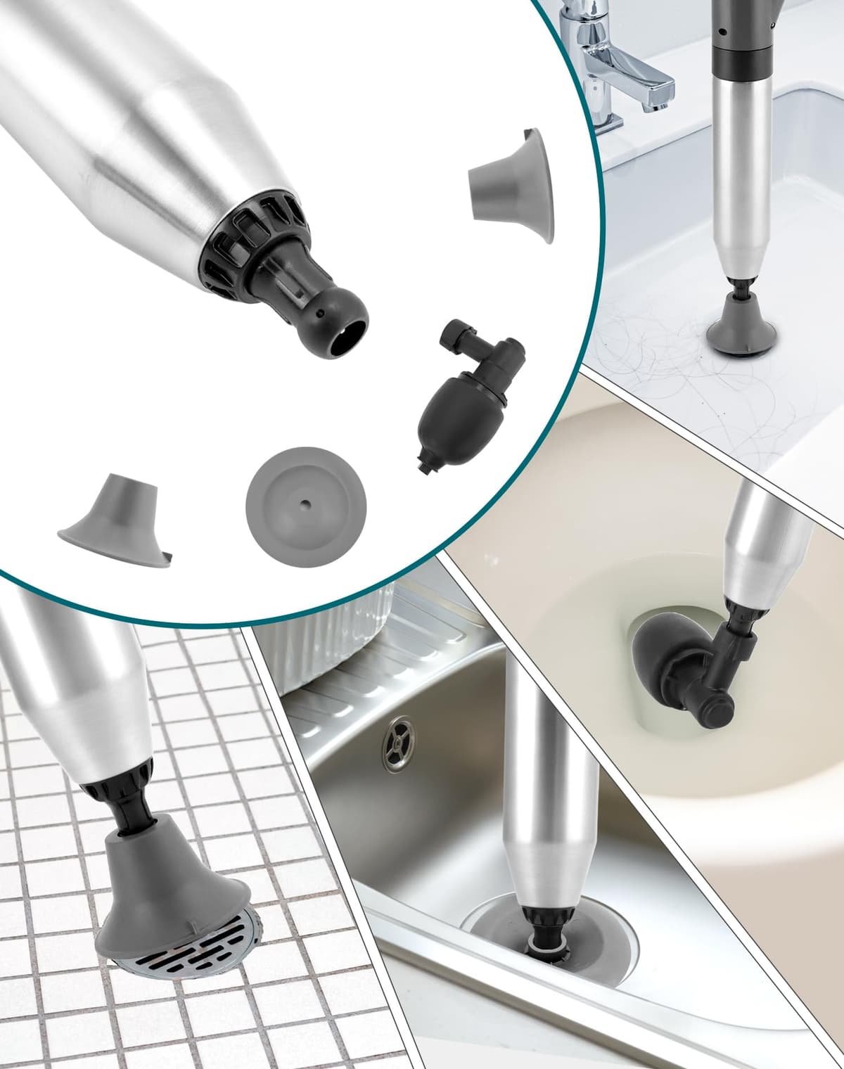 QWORK® Desatascador tuberías de alta presión con barómetro de presión para inodoro/lavabo/drenaje de piso/tubería - incluye 4 cabezales reemplazables,Negro — view 4