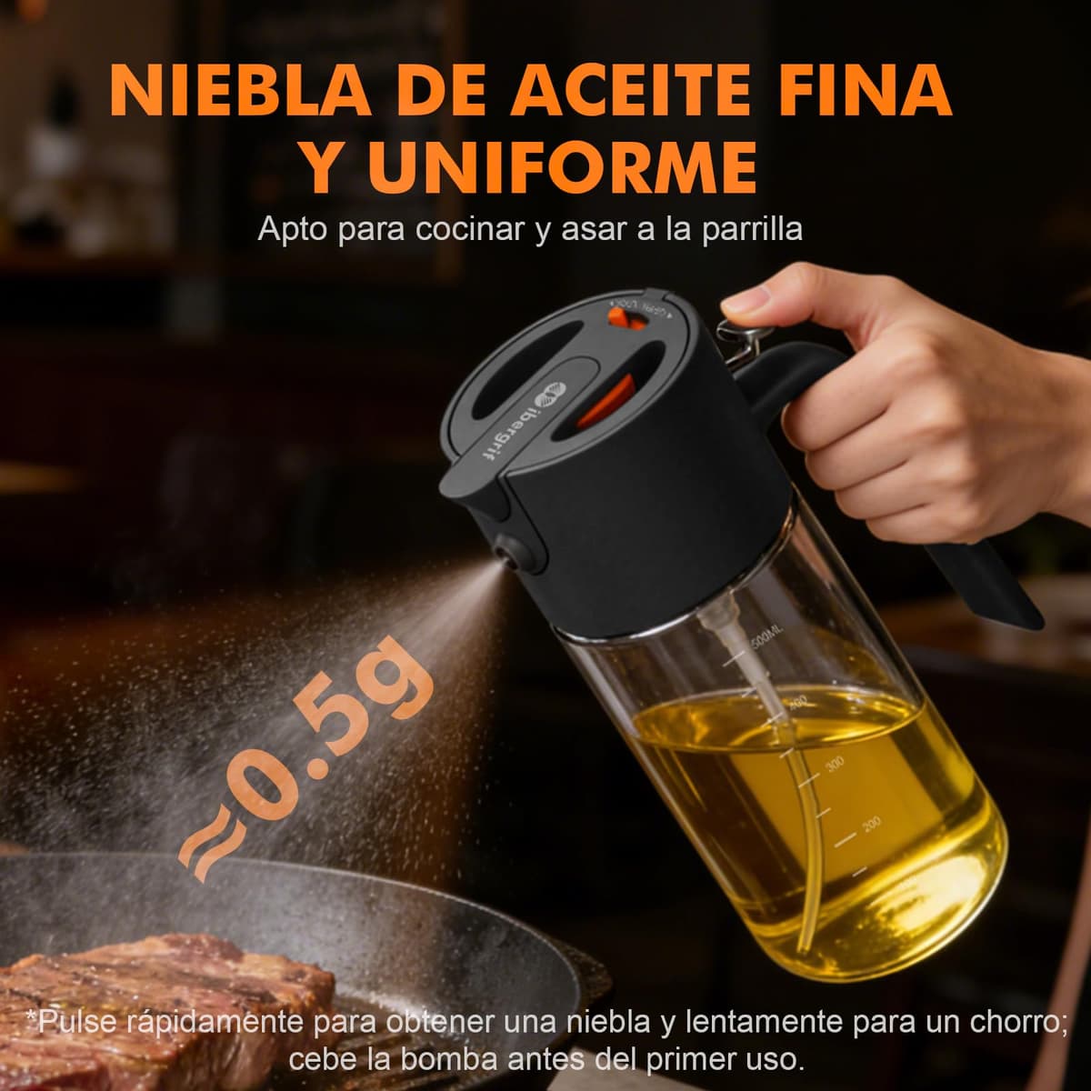 Ibergrif 2 en 1 Pulverizador de aceite 500ml – Rociador de aceite con Escala, Altura 202mm, Aceitera spray de Vidrio de borosilicato, Antigoteo para Freidora de aire, Barbacoa, Ensaladas, Negro, M530B — view 4