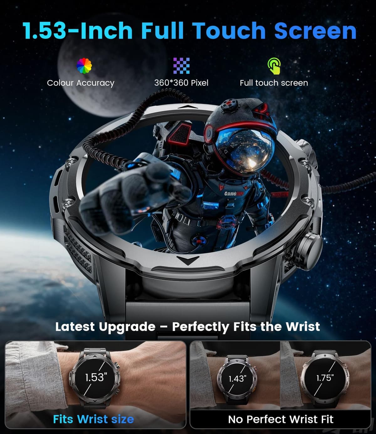 FitVigor Military Smart Watch for Men, 1.53" Fitness Tracker with 1000 mAh Ultra-Long Battery/Flashlight/Bluetooth Calling/Health Monitor / 120+ Sports Modes / IP68 Waterproof for iOS Android, Black — view 3