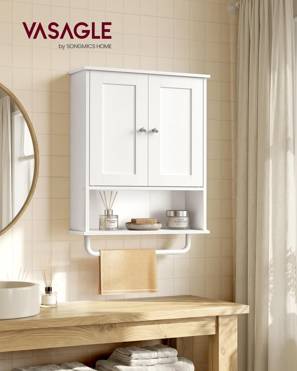 VASAGLE Siren Colección - Mueble de Baño Colgante con Barra para Toallas, Armario de Pared con Estante Abierto, Estante Ajustable y Puertas, Estilo Rústico, Blanco Nube BBK149WB01 — view 2