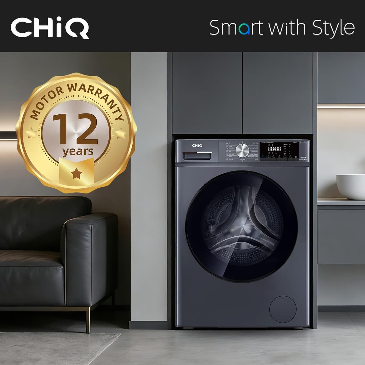 CHiQ CFL90-14586IM3XAU, Front Load Washing Machine 9kg, Space Pro, Counter Depth, Large Drum, Quiet Inverter Motor, 1400rmp, AI Smart Program, Steam Function, Energy Efficient, Grey [Energy Class A] — view 3