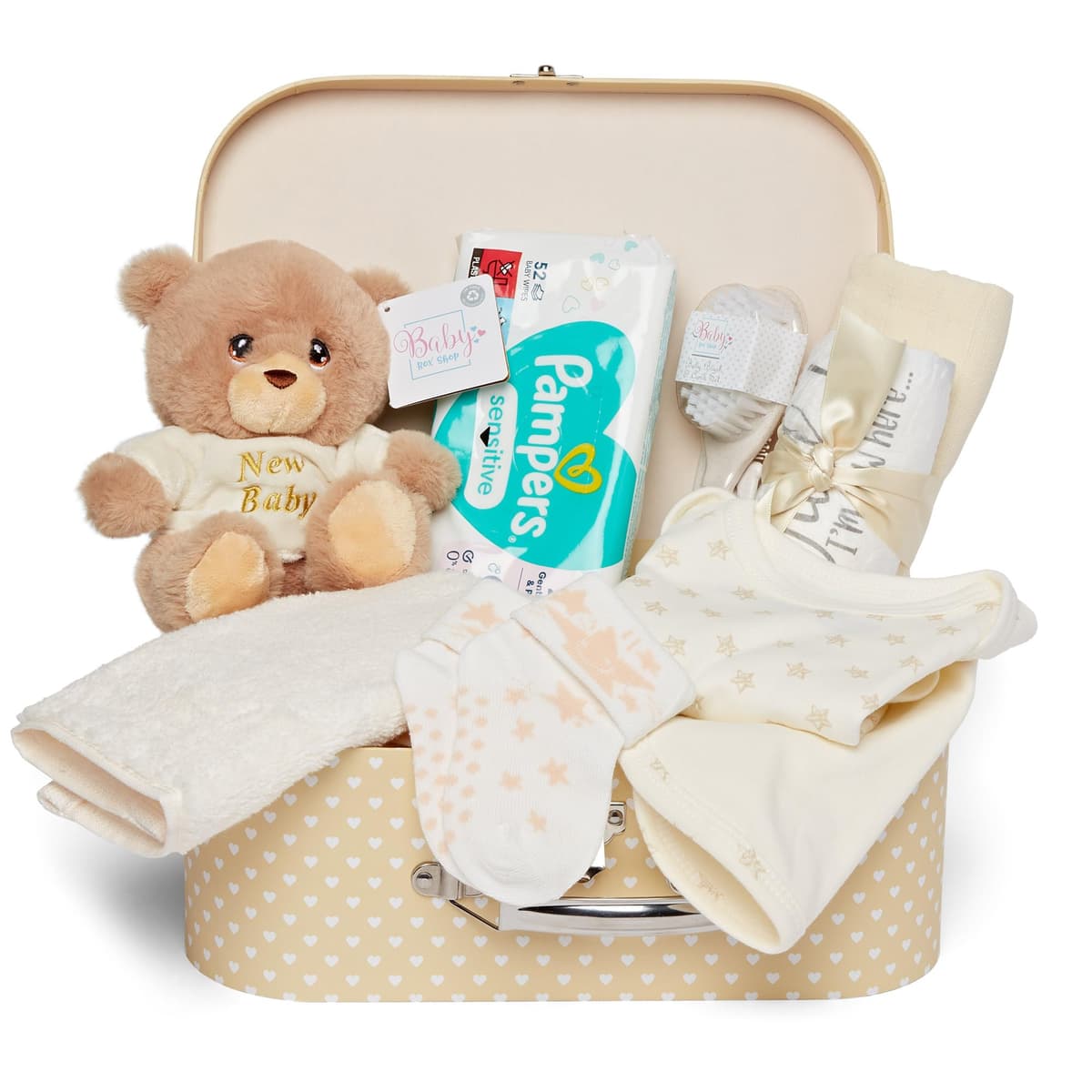 Newborn Baby Basket Briefcase Style - Cream Baby Keepsake Box with Bear, Muslin, Clothes and Other Baby Essentials - Baby Basket for Baby Shower