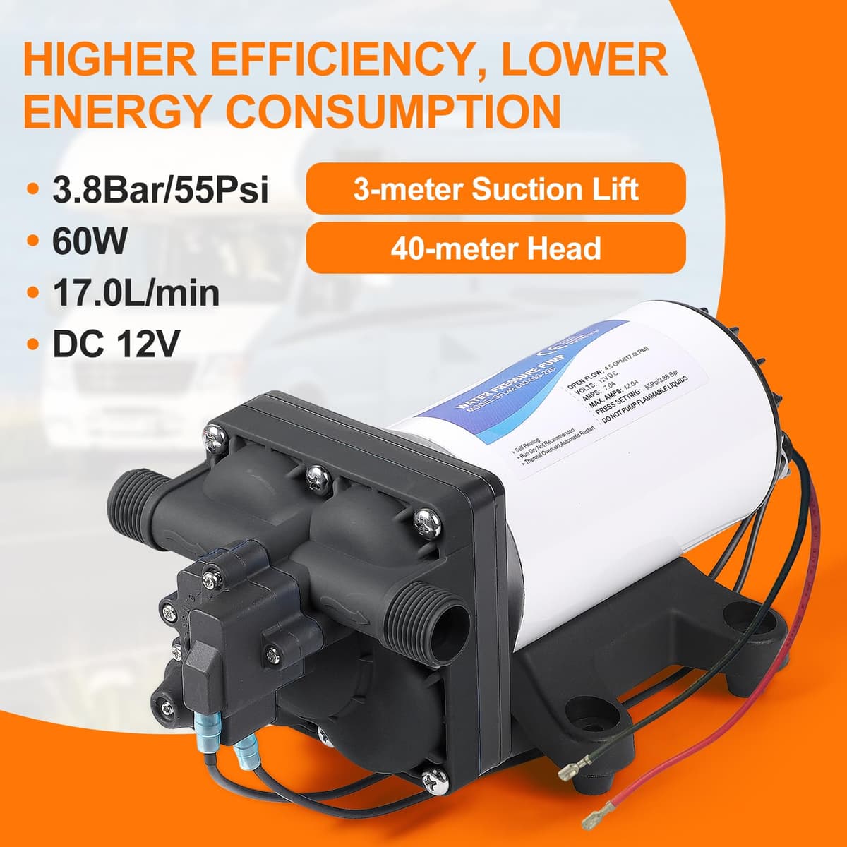 CPROSP Bomba de Agua 12v, 17L/min 60W, Bomba de Membrana Autocebante para Autocaravana, Bomba de Diafragma con Interruptor de Presión, 3,8Bar (55Psi), para Caravanas, Autocaravanas, Barcos — view 2