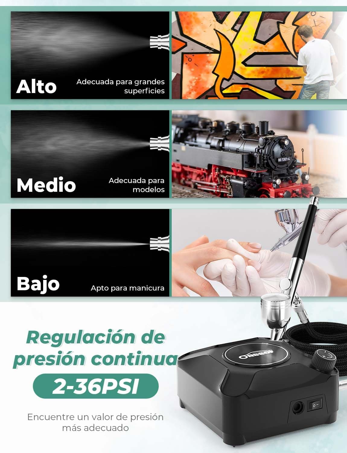 Oasser Kit Aerógrafo con Compresor Profesional Airbrush 36PSI Doble Acción Juego Pistola Regulación Voltaje Continua Modelos Decoración Tartas Uñas — view 3
