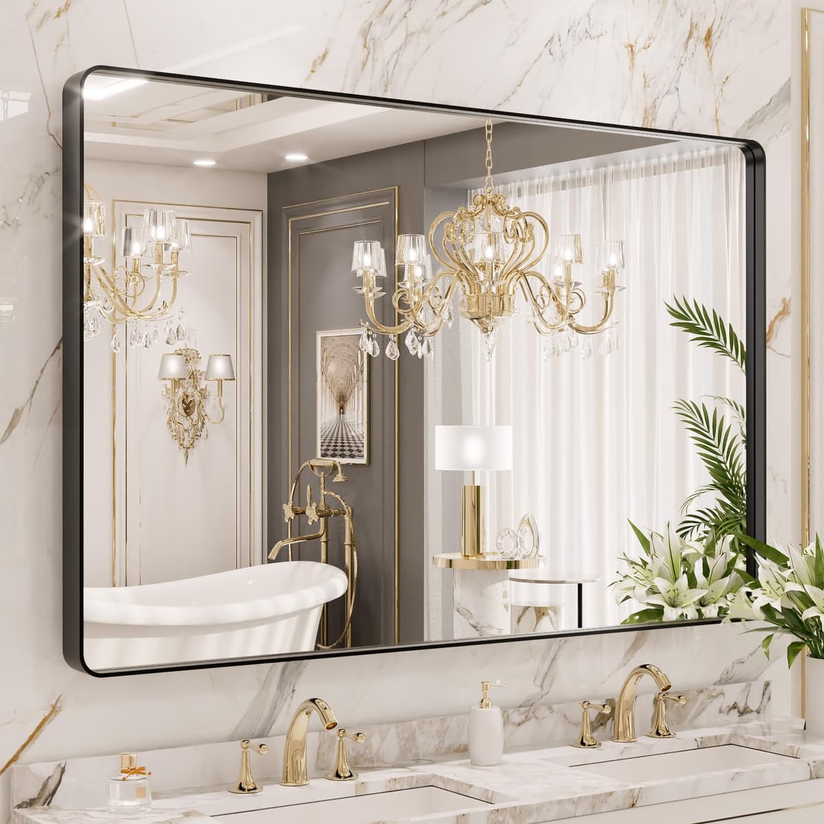 LOAAO 48”X36” Gold Bathroom Mirror, Rounded Rectangle Gold Frame Mirror, Brushed Gold Bathroom Vanity Mirror Wall-Mounted, Anti-Rust, Tempered Glass, Hangs Horizontally or Vertically — view 9