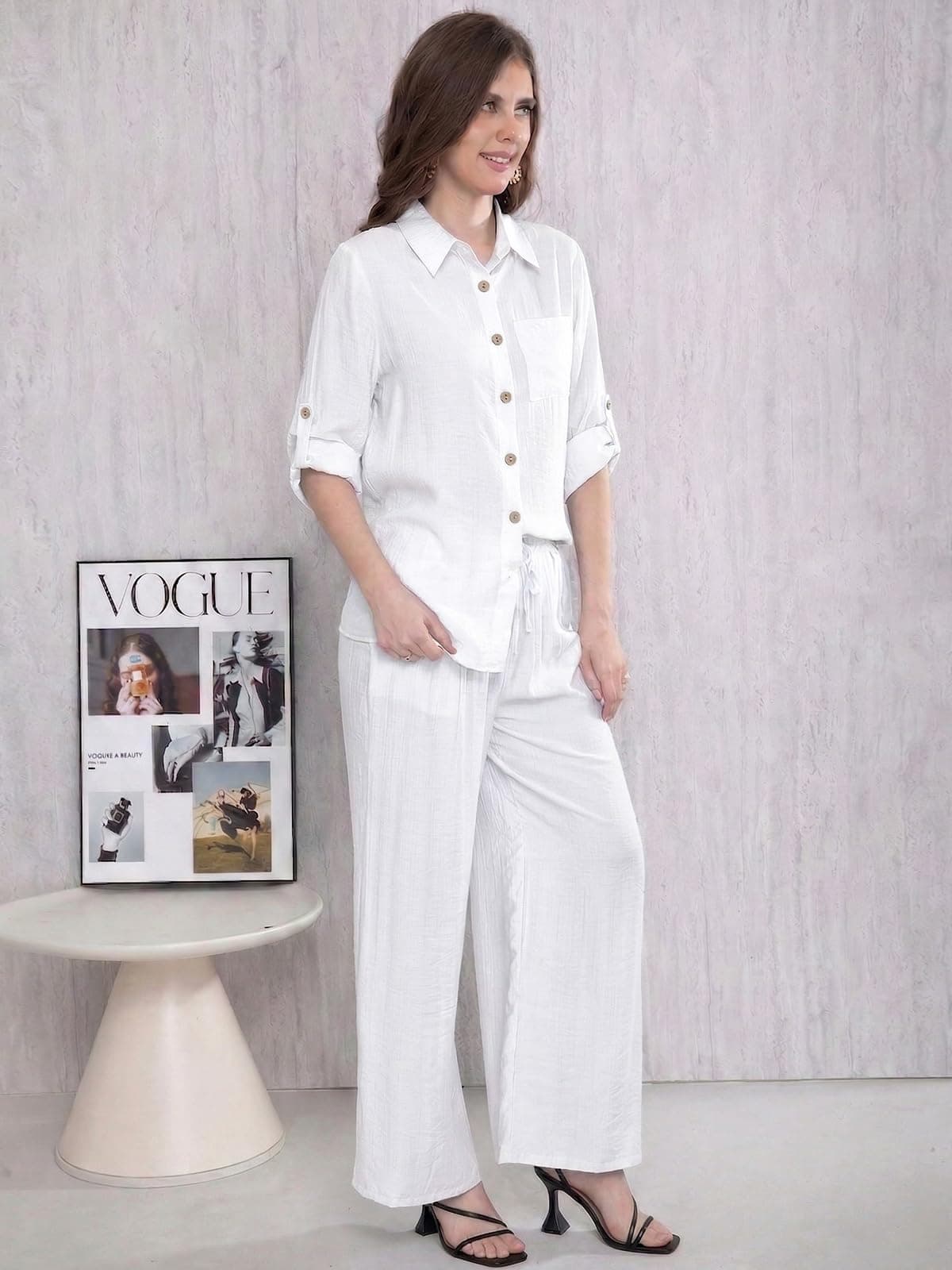 Adigaber Chándal de Manga Larga para Mujer Camisa con Botones y Holgado Cintura Alta Pierna Ancha Cordón Pantalones con Bolsillos — view 3